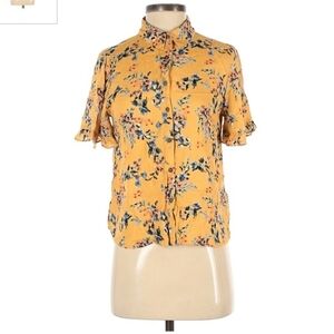 Rewind Collared Button Shirt Mustard Yellow Floral Short Sleeve Shirt Small S